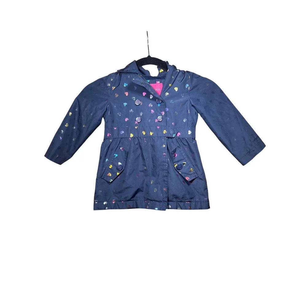 London Fog Kids Girls 3T Navy Blue Rainbow Heart Hooded Raincoat Jacket